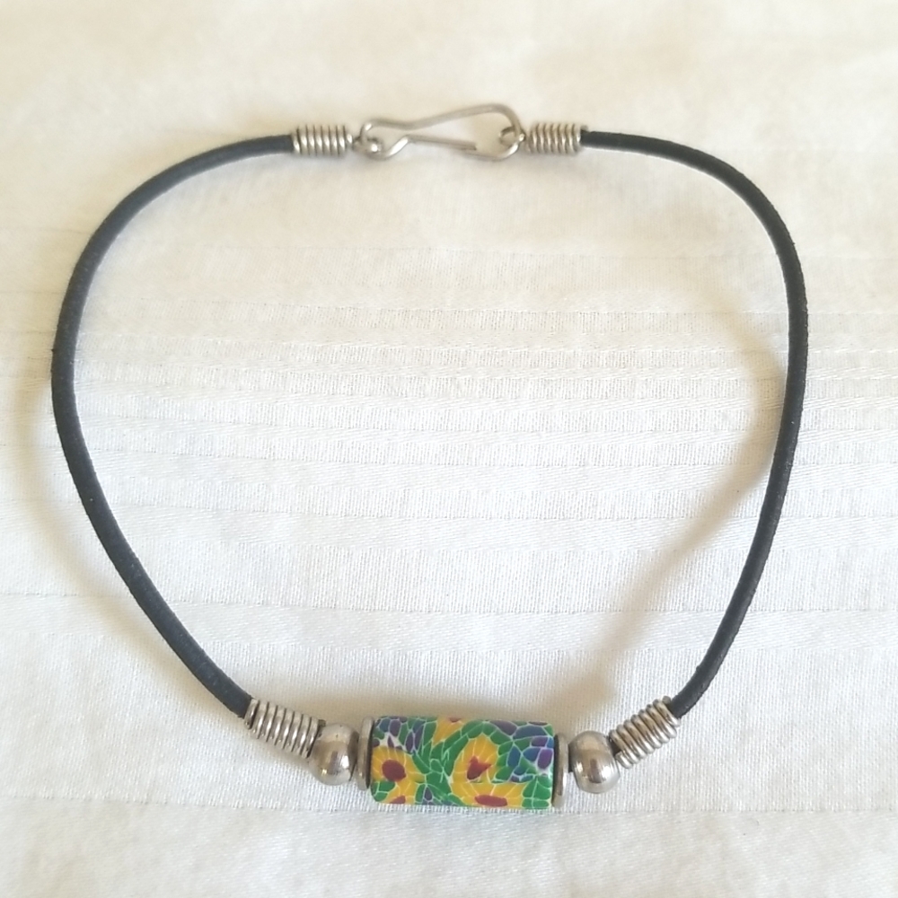 Vintage Silver Black Leather Bead Ankle Bracelet
